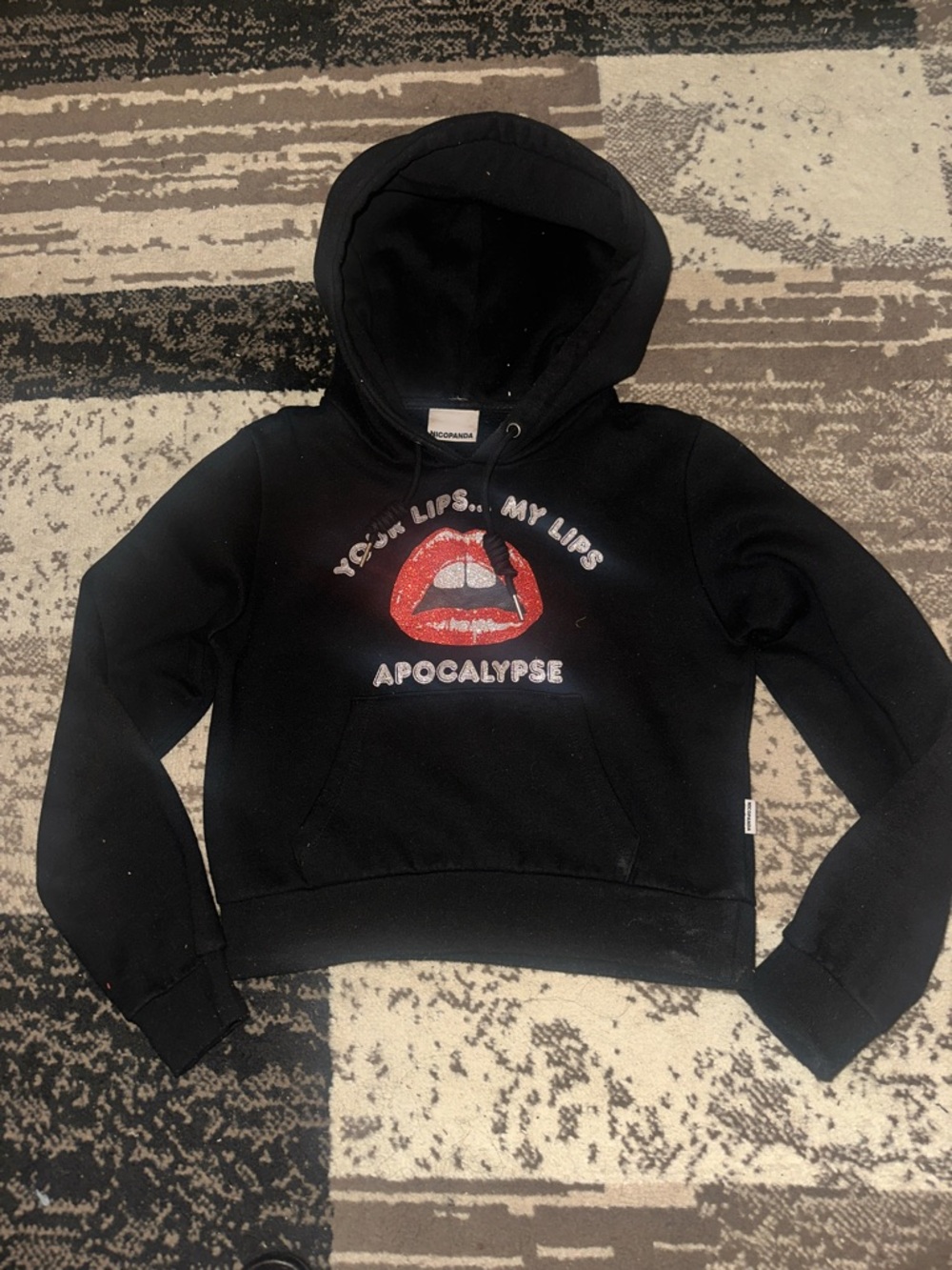 Black Graphic Hoodie with Red Lip Design